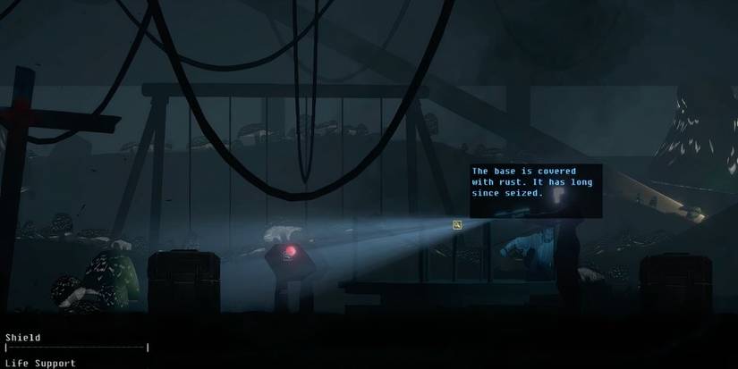Character aiming a flashlight into the dark with wires in the background 