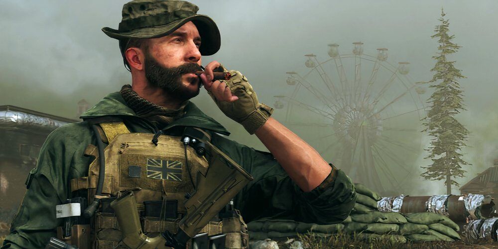 Captain Price smoking a cigar with a frees wheel in the background 