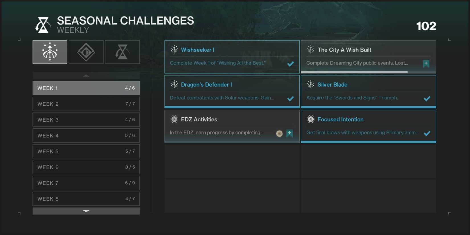 Weekly seasonal challenges menu 