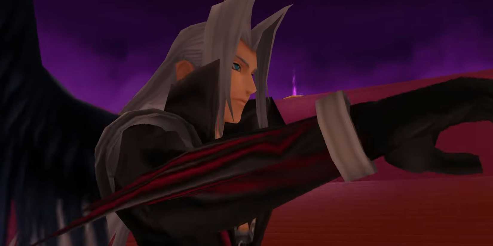 Sephiroth gets ready to fight Sora in the Coliseum's Platinum Match.