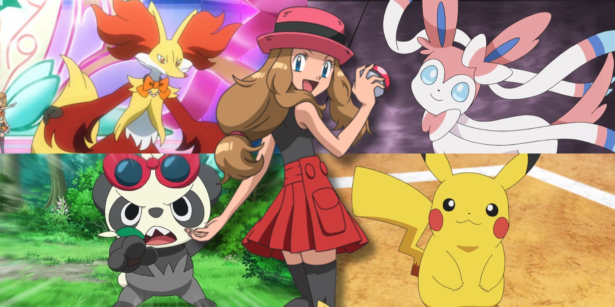A collage of Serena and her Pokemon: Delphox, Sylveon, Pancham and Ash's Pikachu.