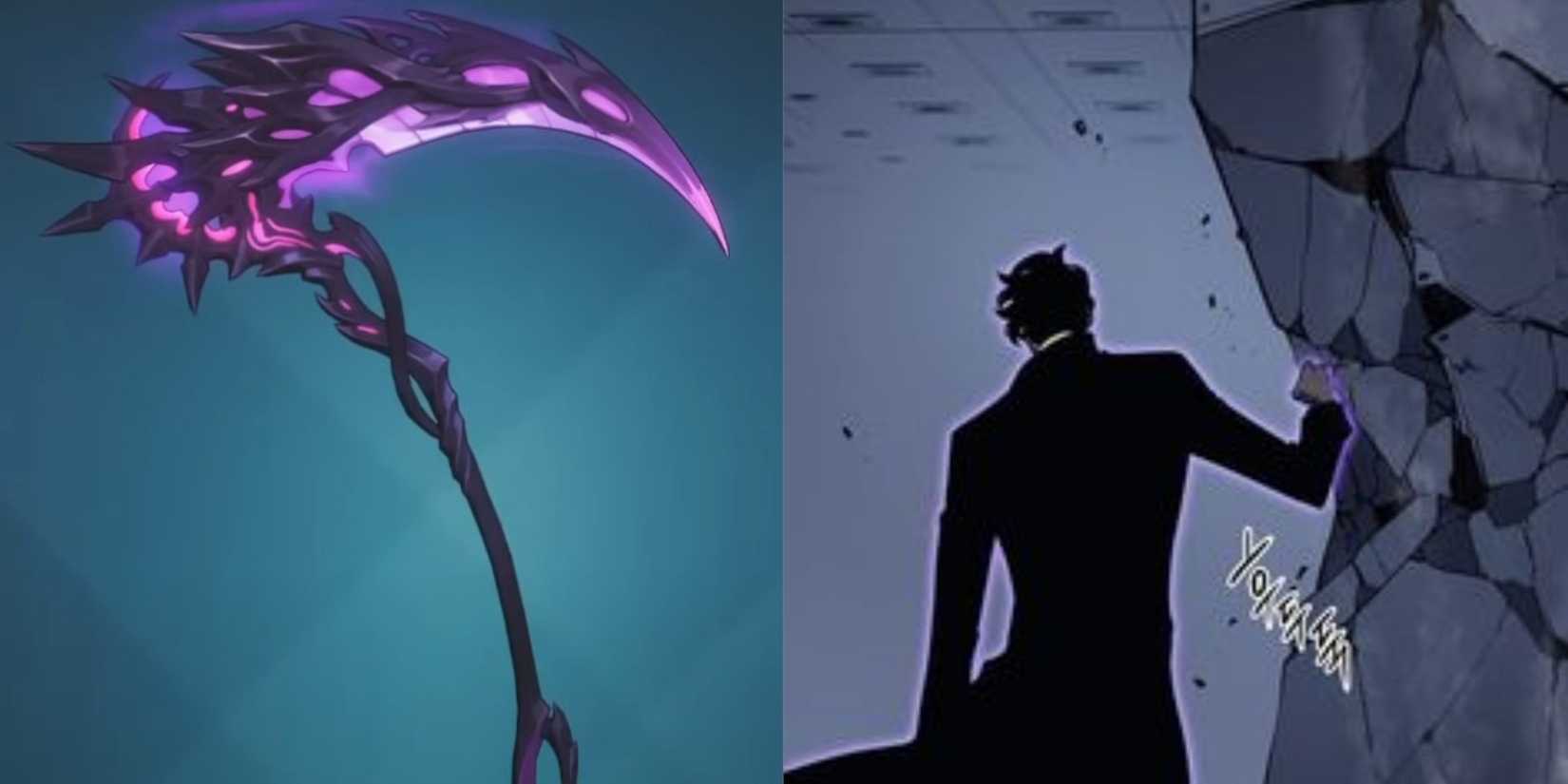 shadow scythe weapon with jinwoo smashing rock