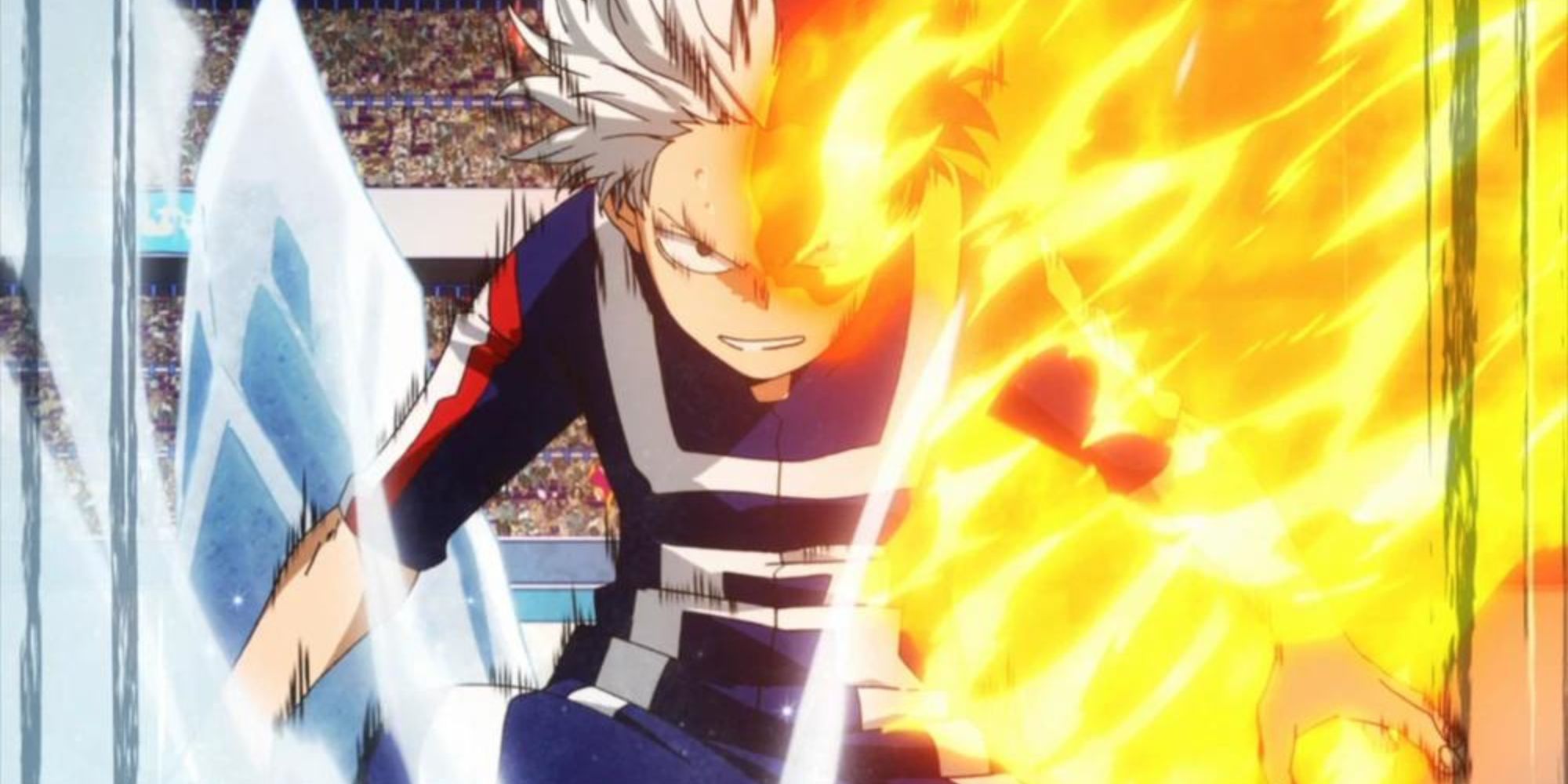 Shoto Todoroki uses his quirk to generate fire and ice from both halves of his body in My Hero Academia