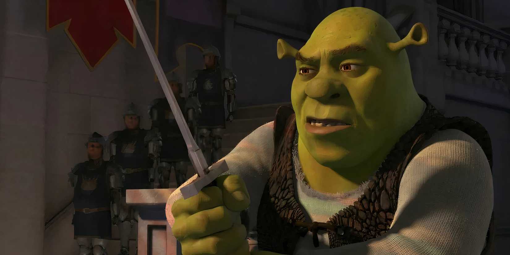 Shrek confused staring at a sword