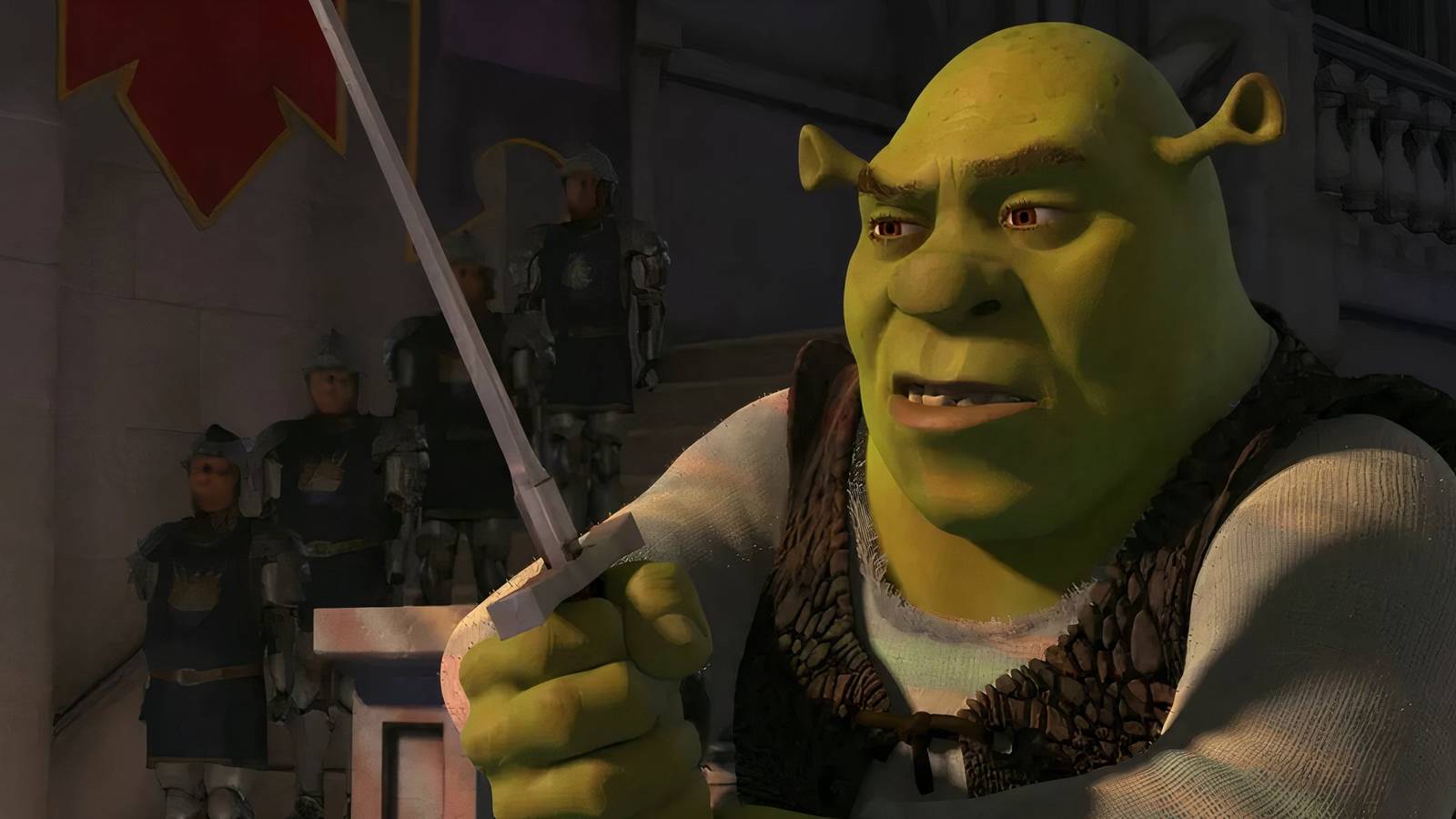 Shrek confused staring at a sword