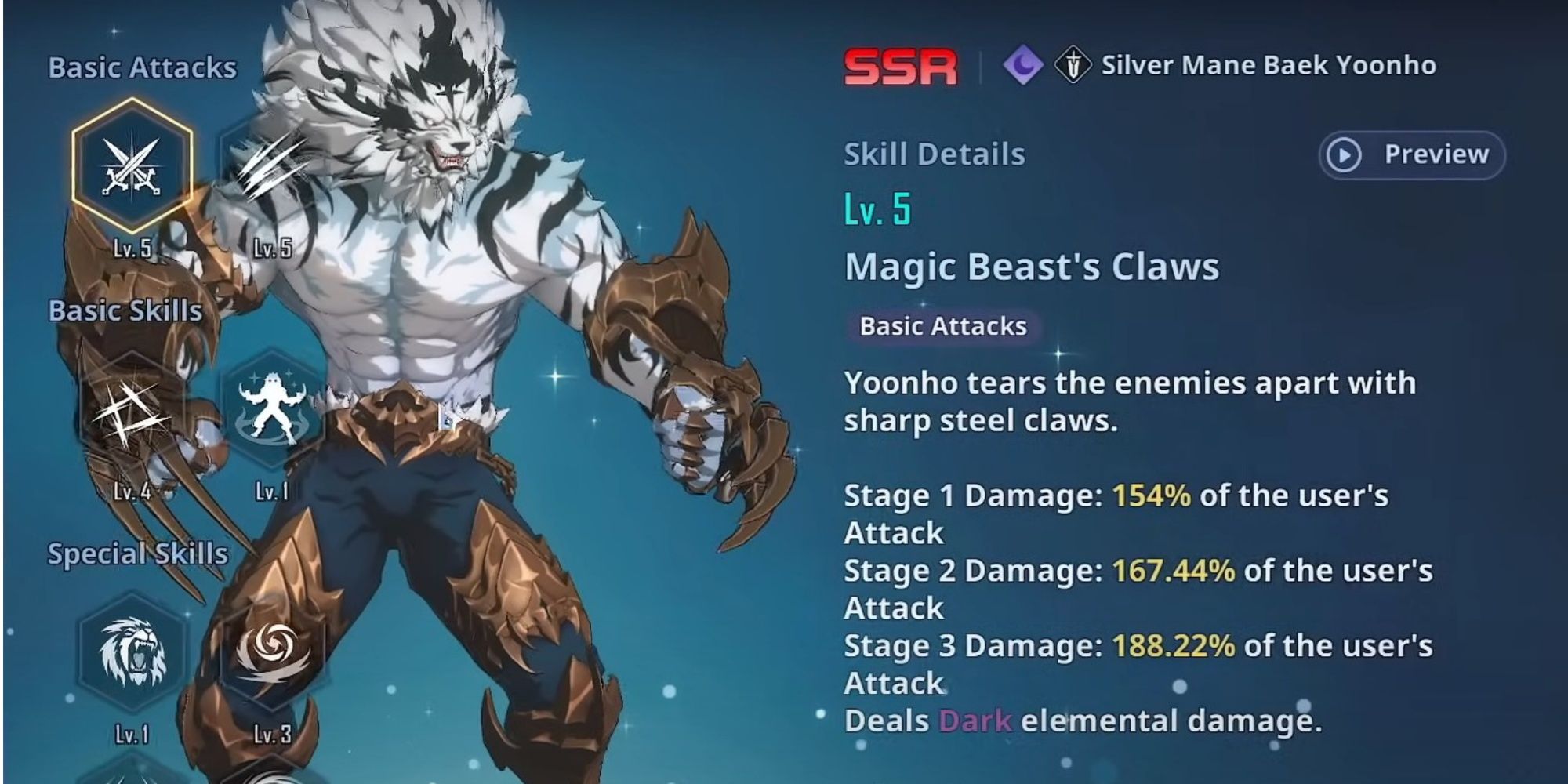 Silver Mane showcase with his skill details