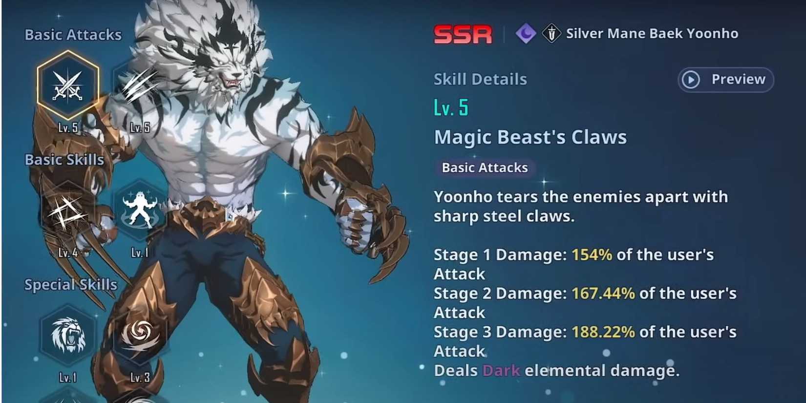 Silver Mane showcase with his skill details