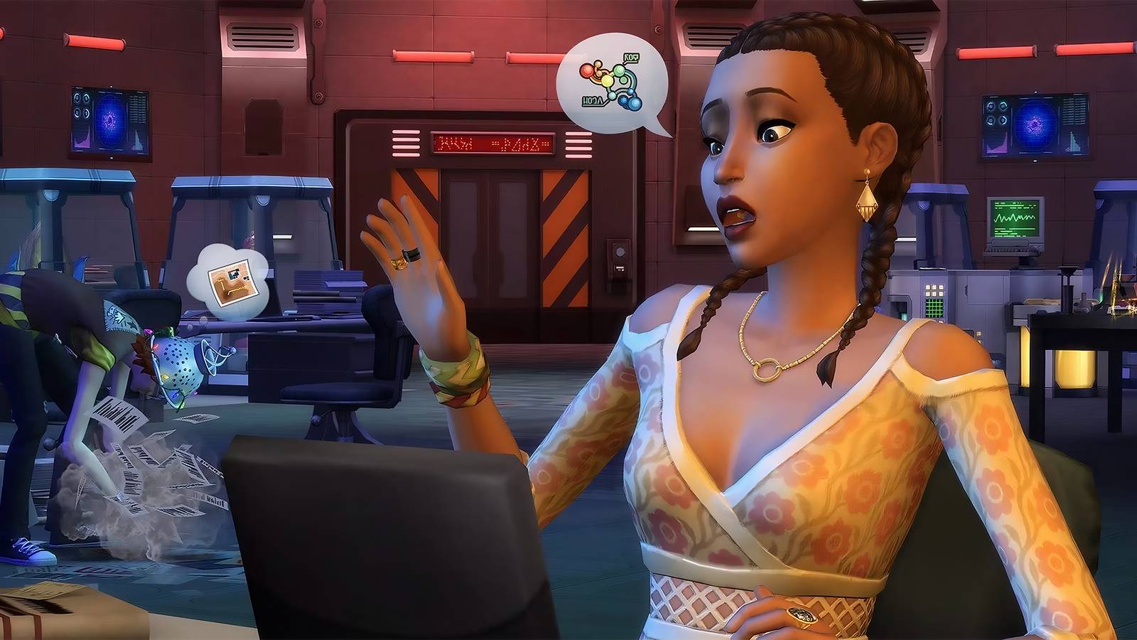 Sims girl sitting at a computer