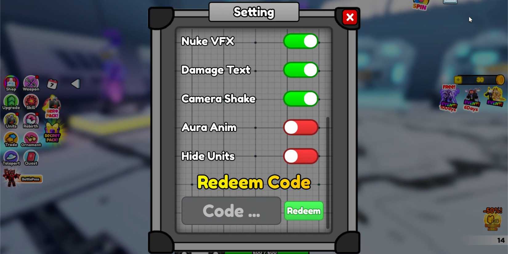 Skibidi Warriors the codes tab