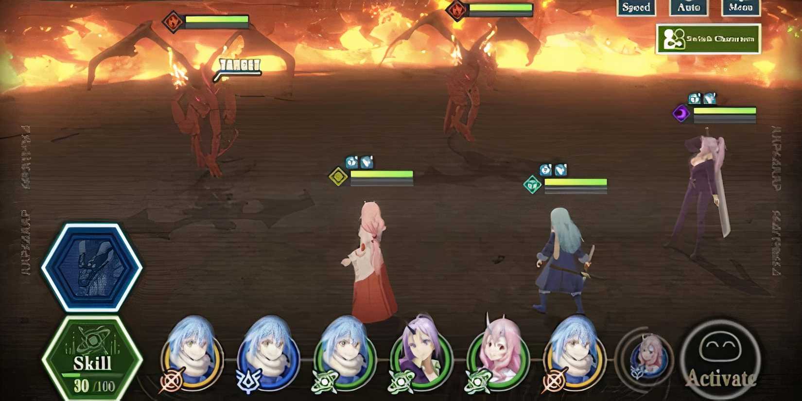 Gacha game battle menu with Rimuru and party members fighting monsters