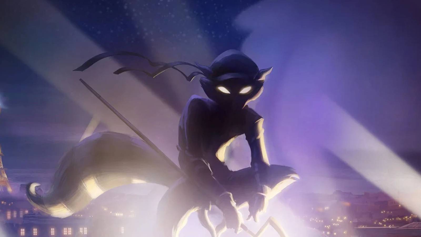 A promotional image of Sly Cooper perched atop a roof covered in shadow.