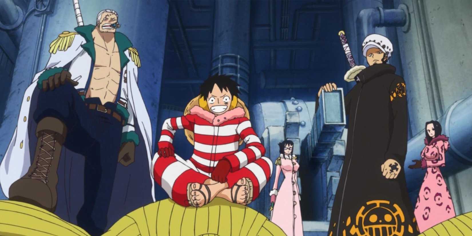 Smoker, Luffy and Law take down Caesar Clown's minions.