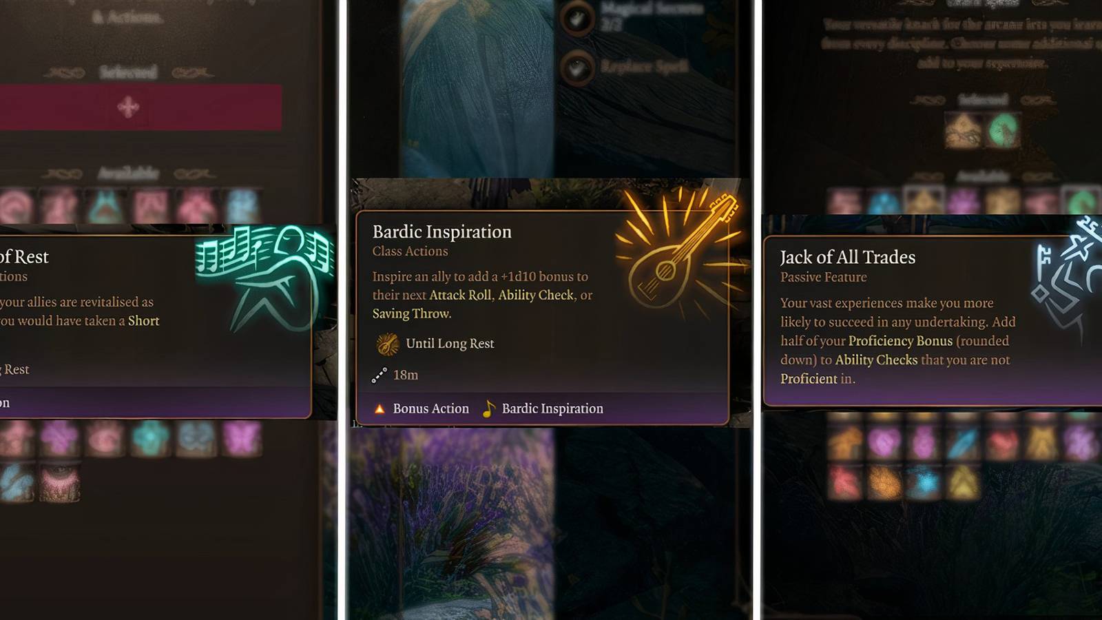 Baldur's Gate 3 Bard Features Song of Rest Bardic Inspiration Jack of All Trades