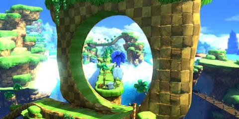A screenshot of Sonic the Hedgehog jumping through the air in Green Hill Zone in Sonic Generations.