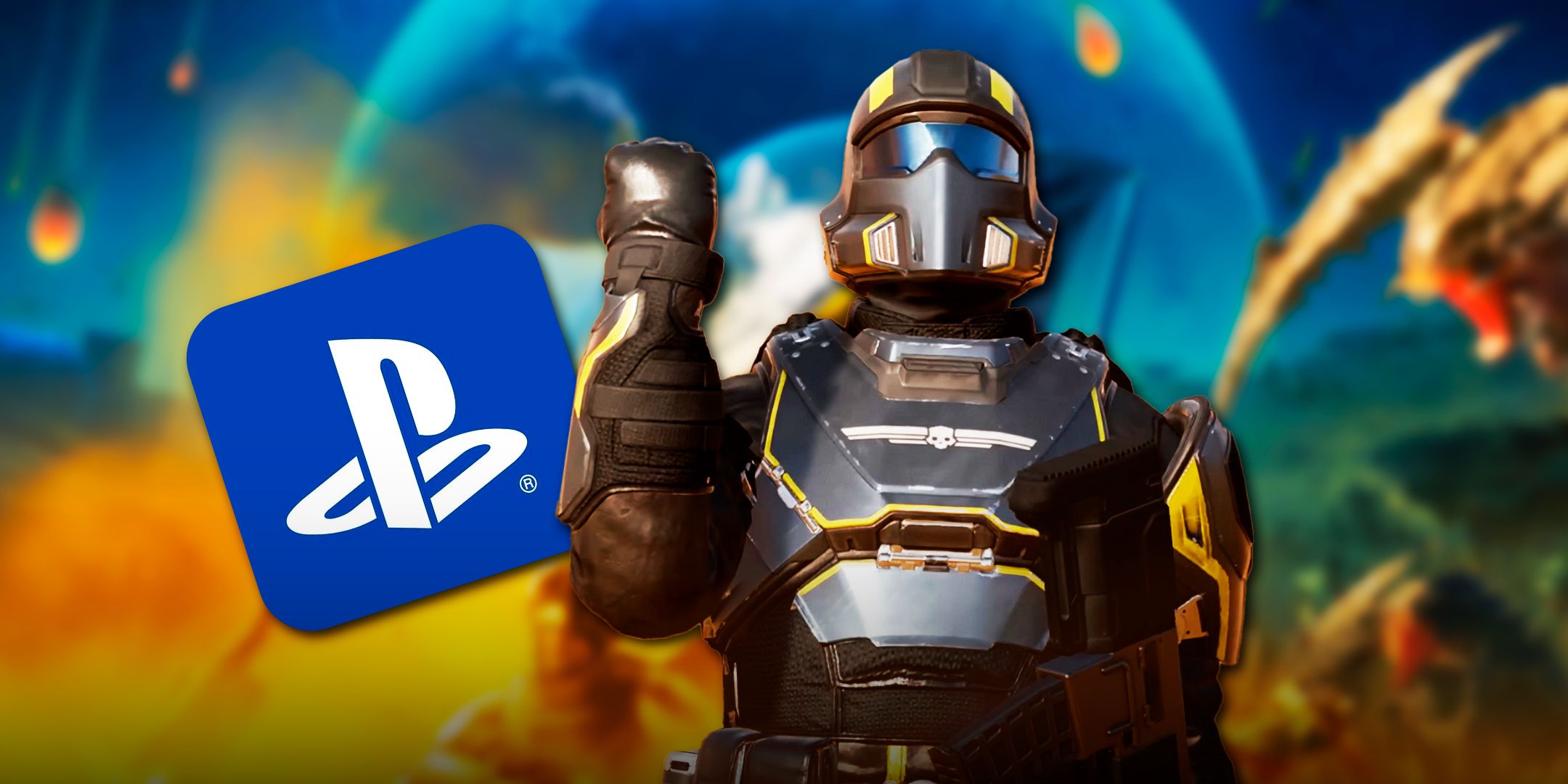 Helldiver and Playstation logo in front of a blurred out helldivers planet background