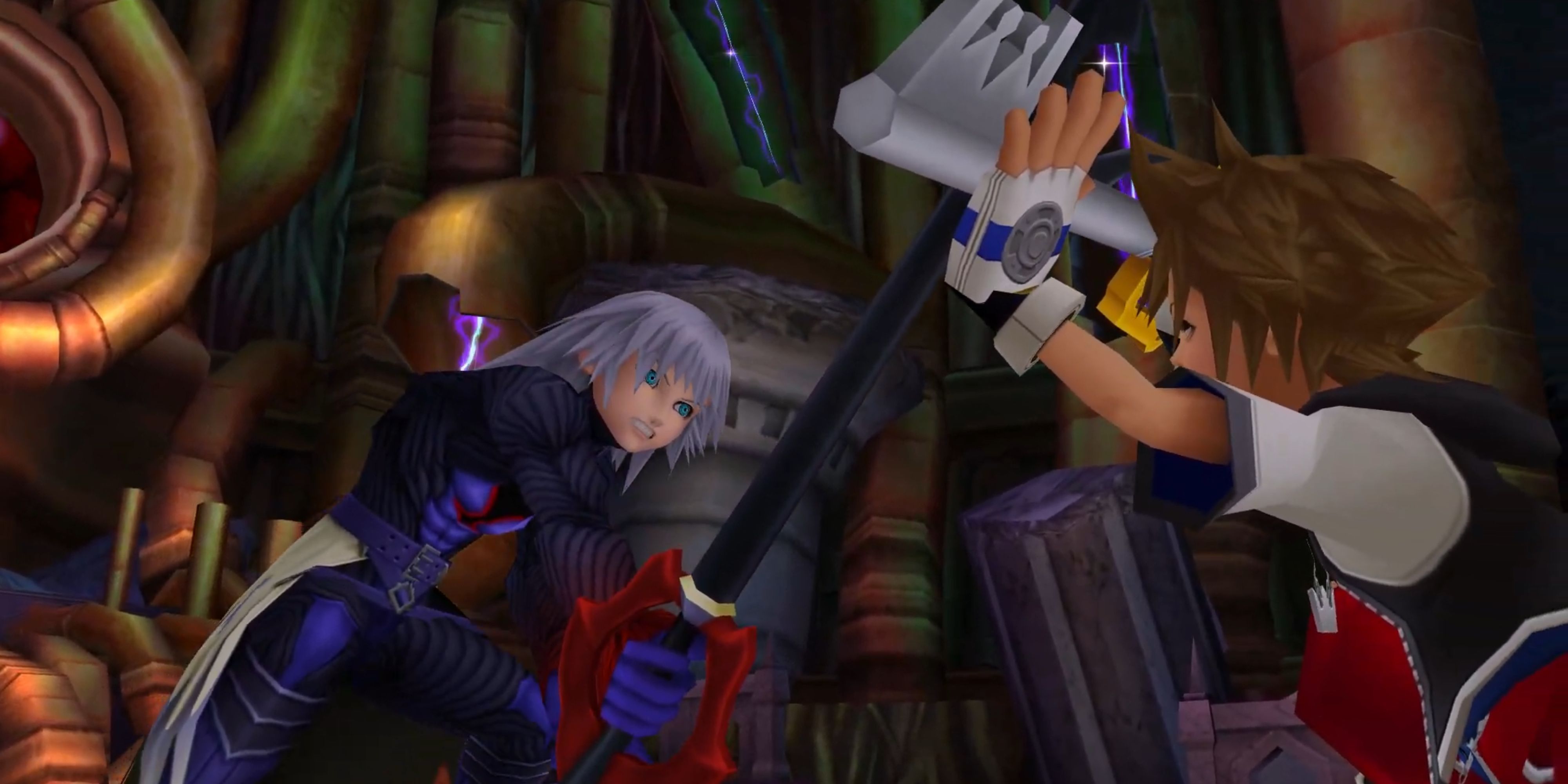 Sora and Riku-Ansem's Keyblades clash.