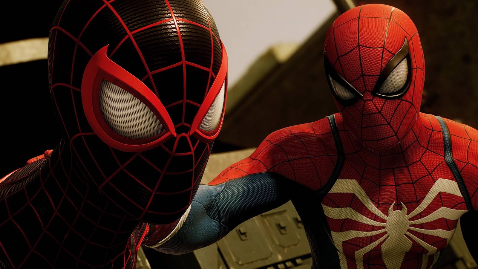 A screenshot of Peter Parker and Miles Morales in a wrecked prison ship in Marvel's Spider-Man 2.