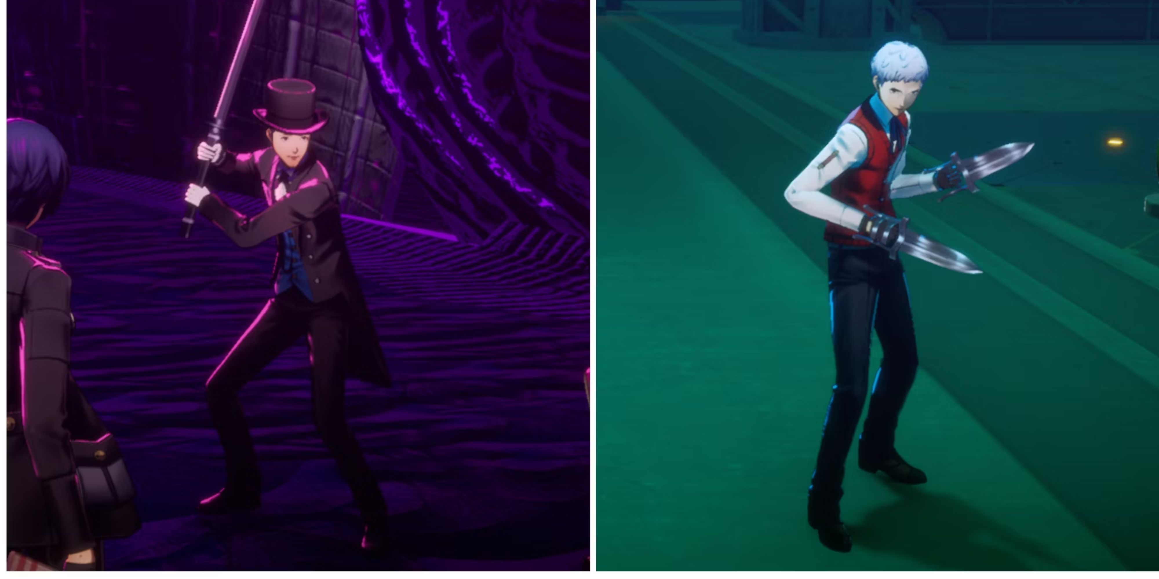 Split image of the characters Junpei and Sanada in unlockable outfits in Persona 3 Reload