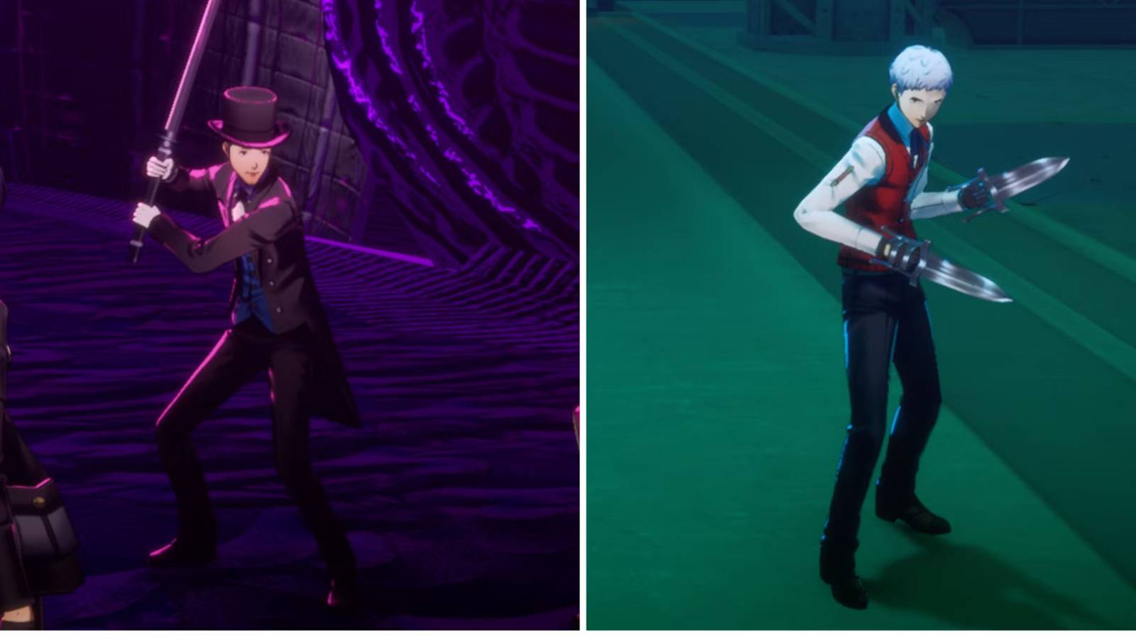 Split image of the characters Junpei and Sanada in unlockable outfits in Persona 3 Reload