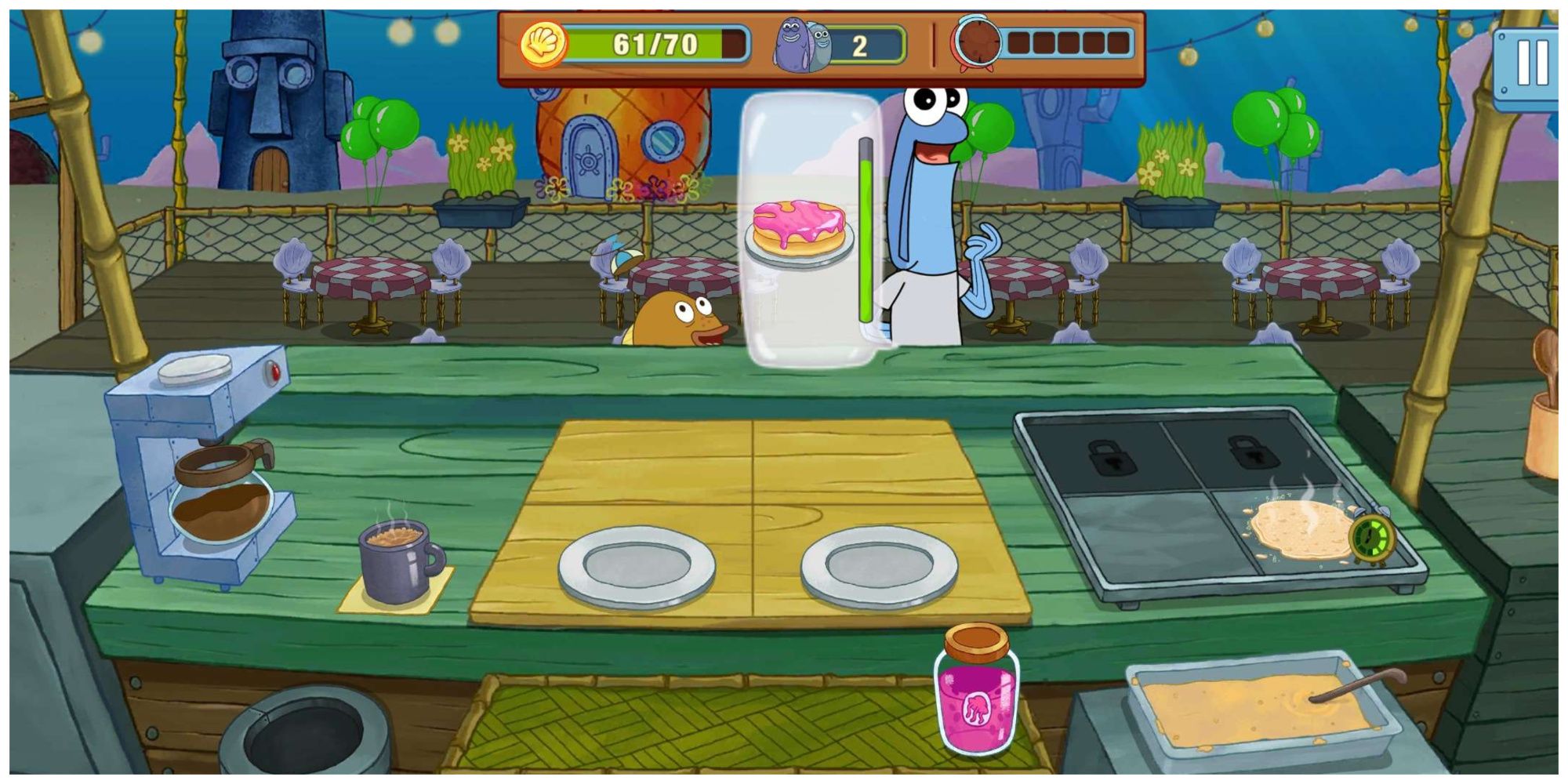 SpongeBob: Get Cooking, blue fish customer requesting pancakes with pink jelly