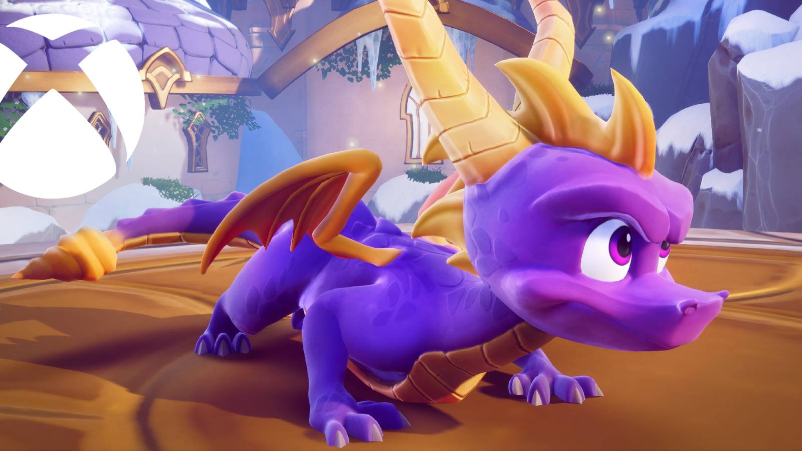 An image of Spyro the Dragon with the Xbox logo in the top-left