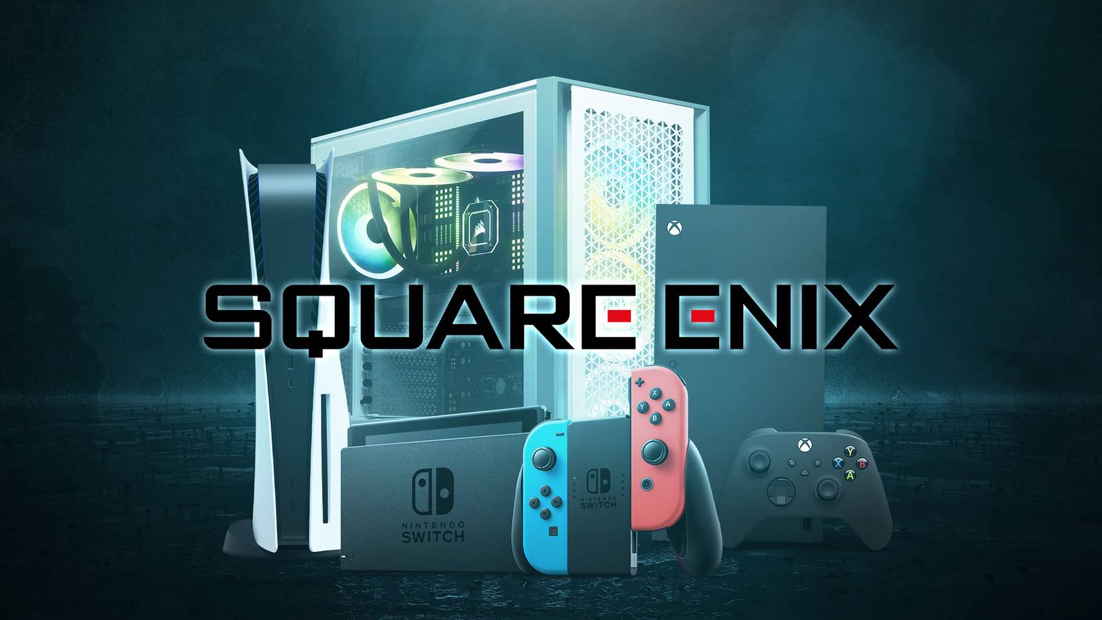 Square Enix logo multi-platform illustration with PS5 PC Switch Xbox Series X