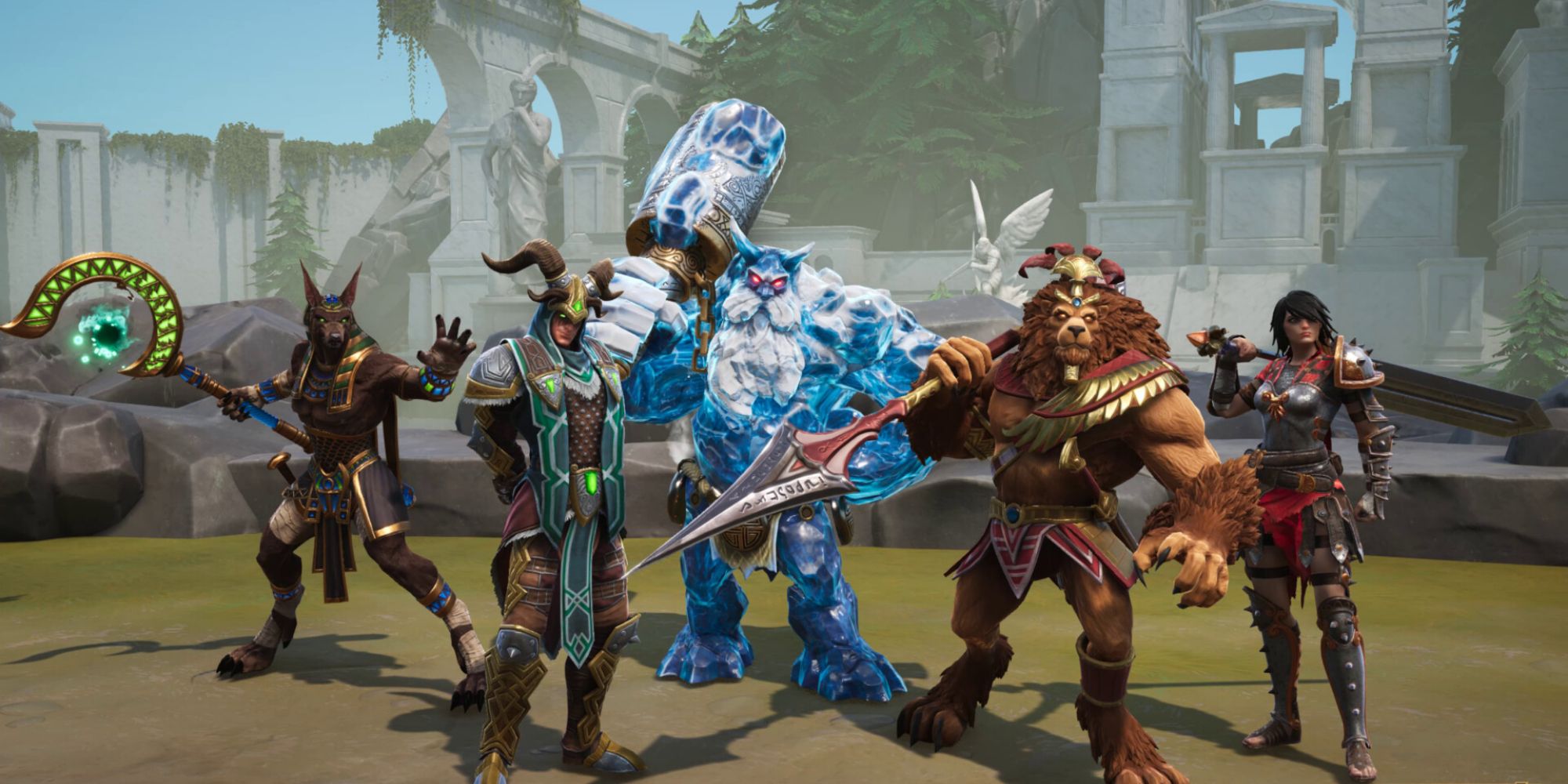 A lineup of gods from Smite 2, including Ymir, Loki, Anubis, and Bellona