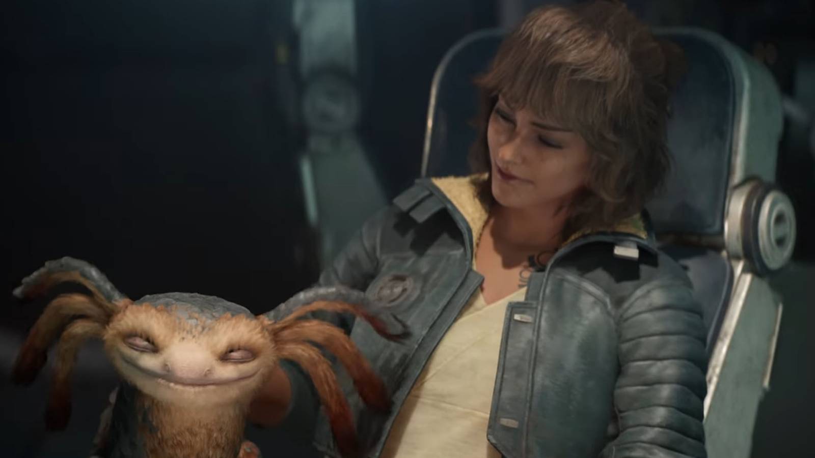 A screenshot of Kay Vess and Nix aboard their ship in Star Wars Outlaws.