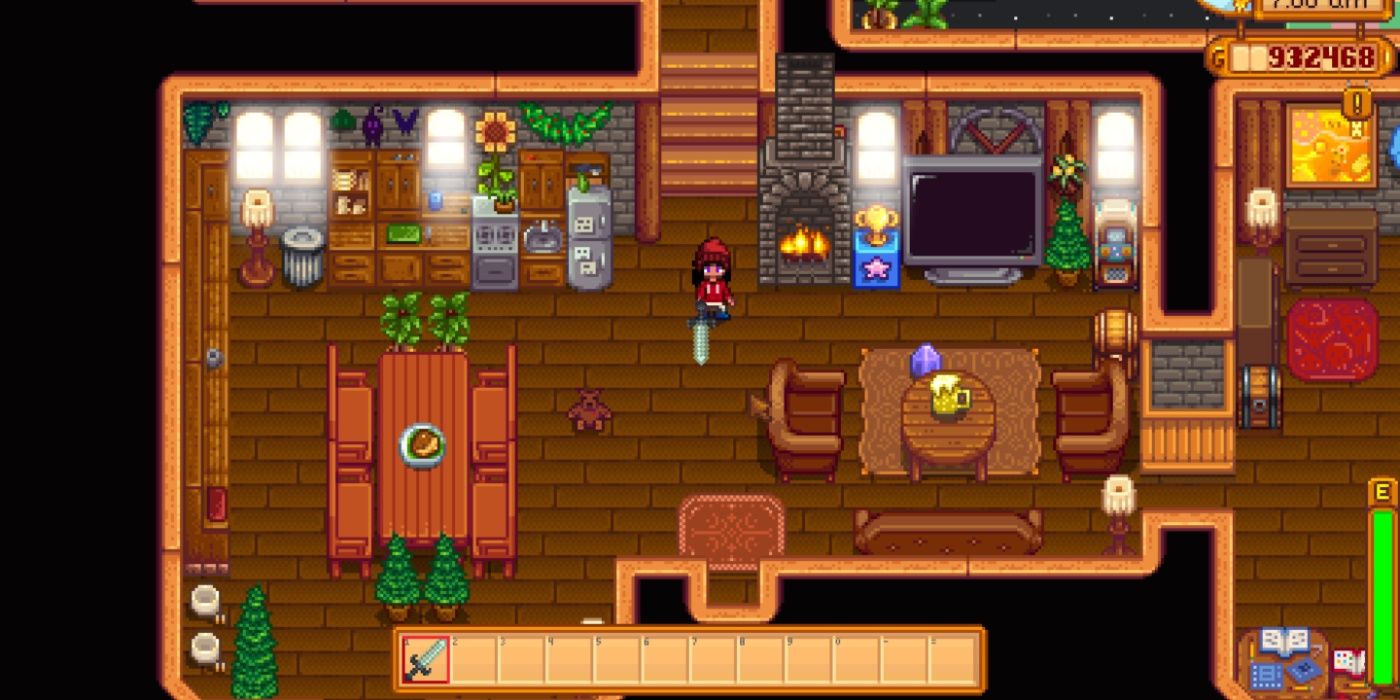 Stardew Valley player swinging the Dark Sword in a house