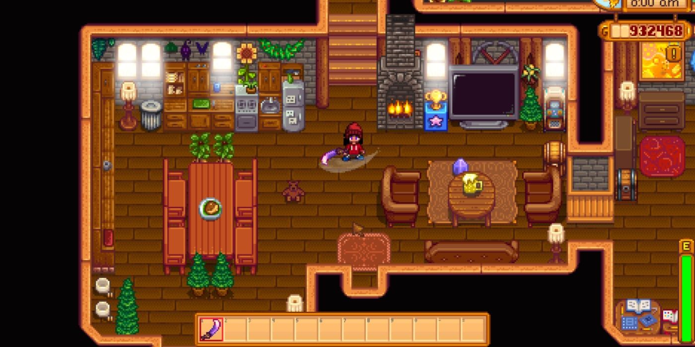 Stardew Valley player swinging the Dragontooth Cutlass in a house