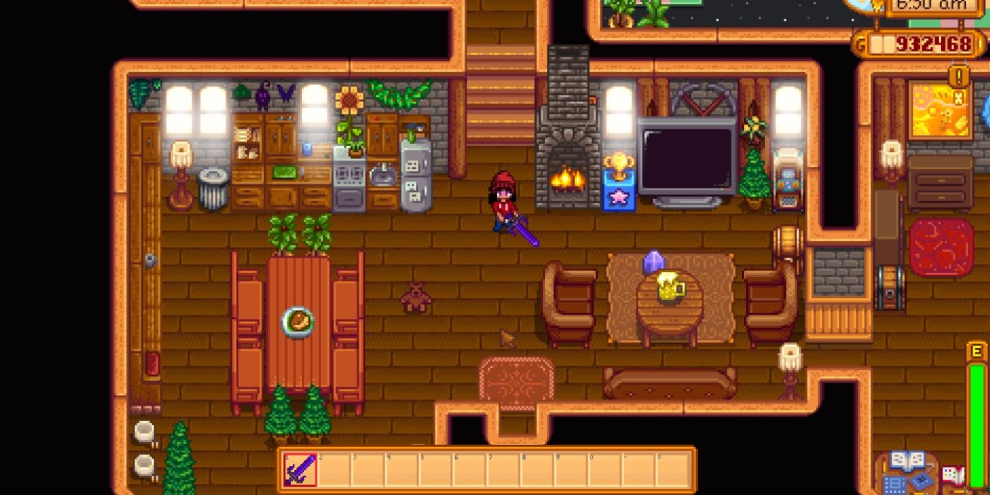 Stardew Valley player swinging the Galaxy Sword in a house