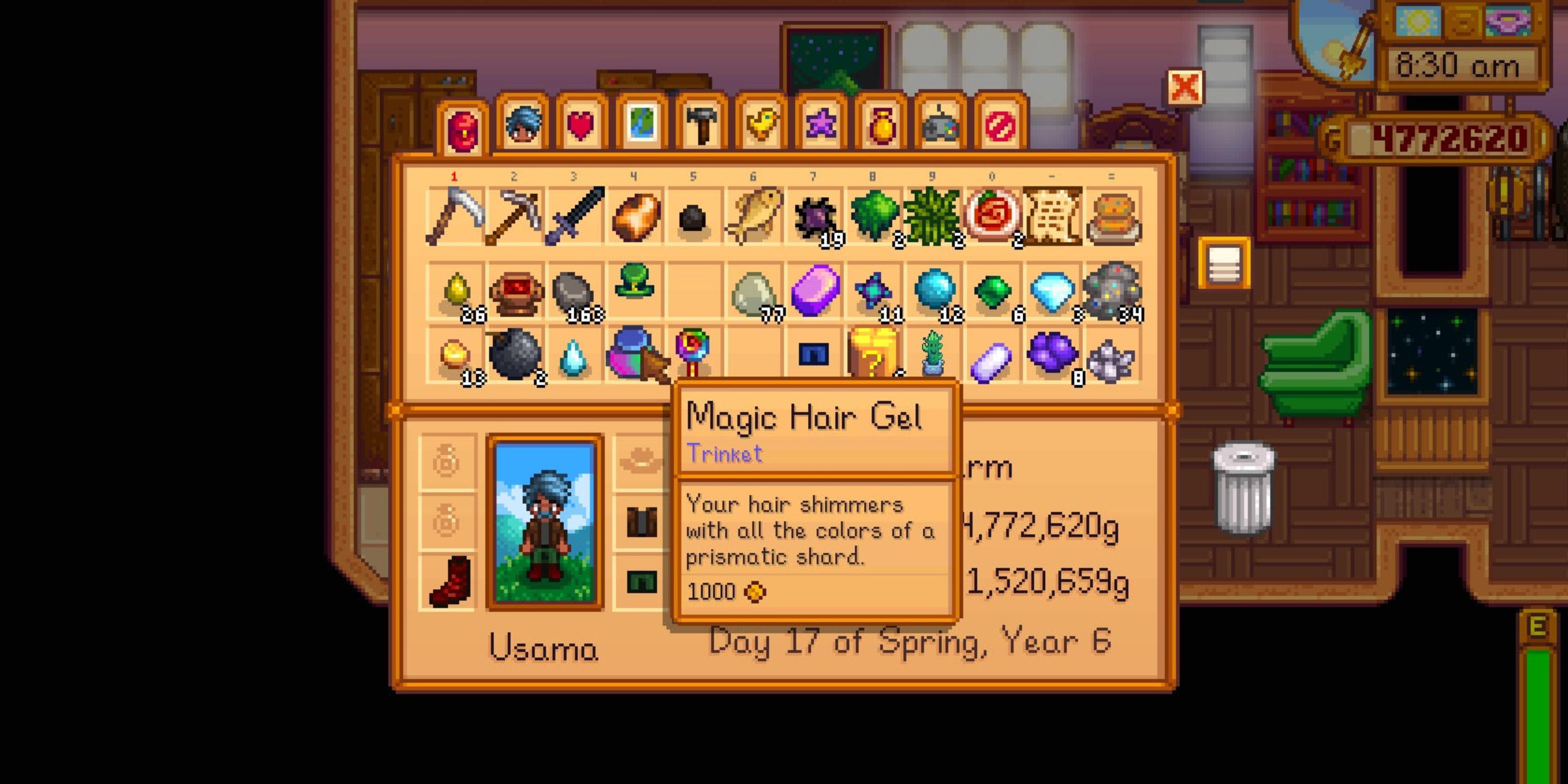 Magic Hair Jelly in the player's inventory in Stardew Valley