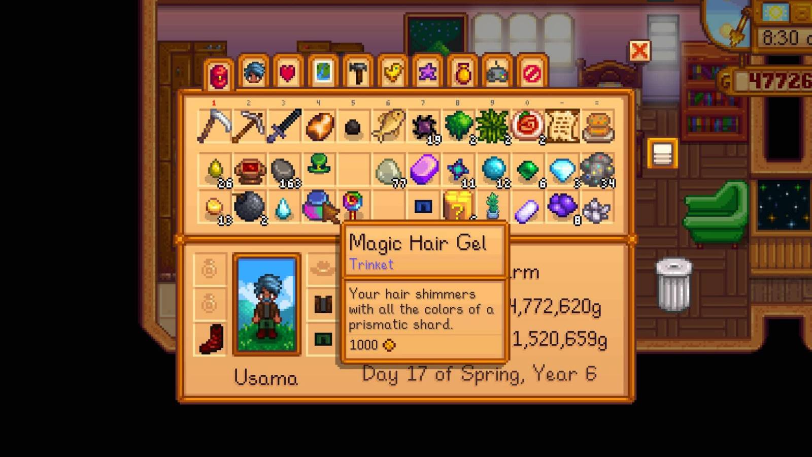 Magic Hair Jelly in the player's inventory in Stardew Valley