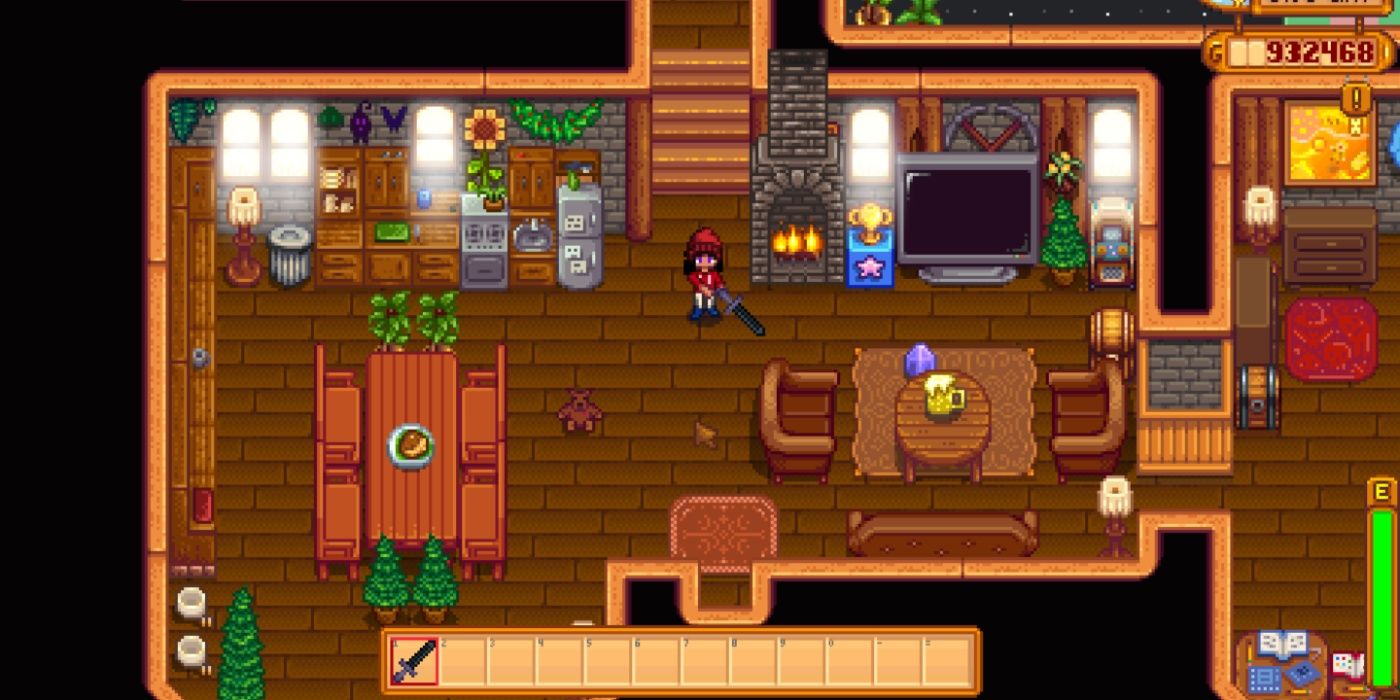 Stardew Valley player swinging the Obsidian Edge in a house