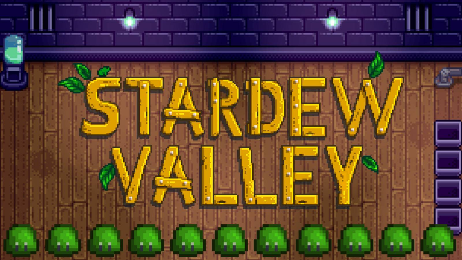 Stardew Valley Slime Hutch interior with game logo and row of slimes composite
