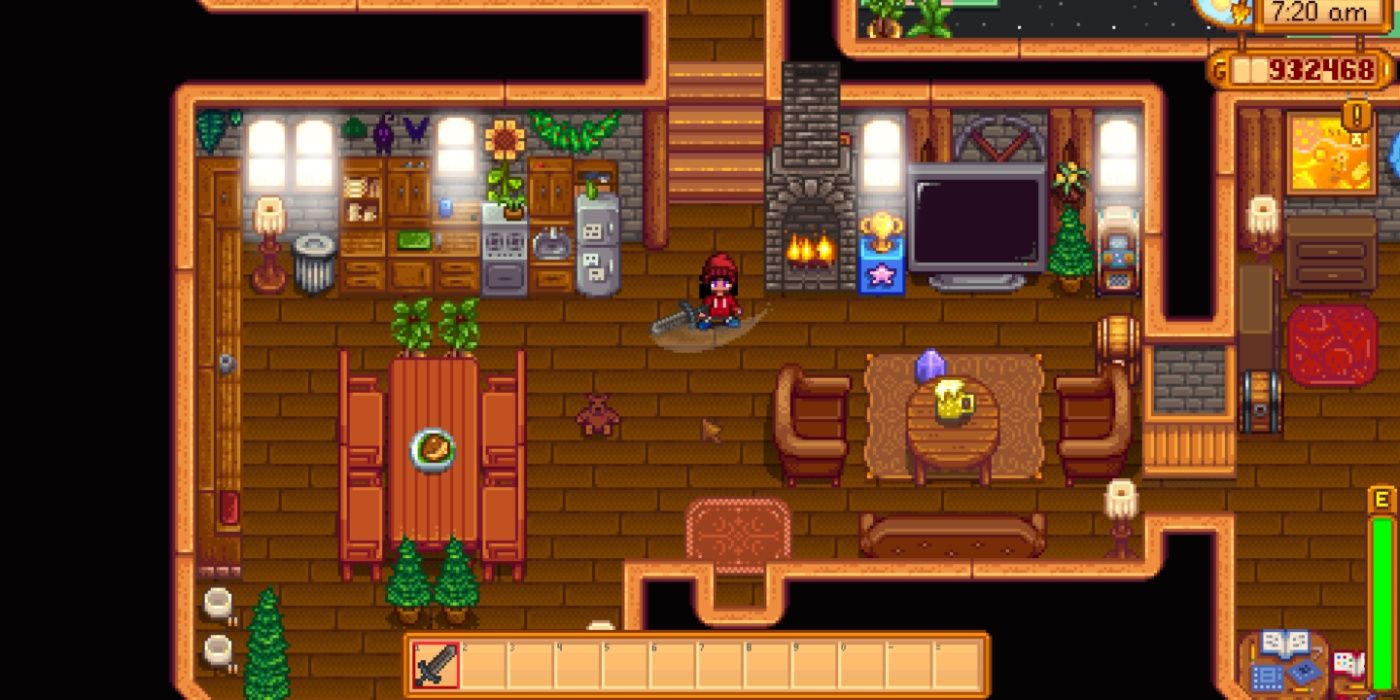 Stardew Valley player swing the Tempered Broadsword in a house