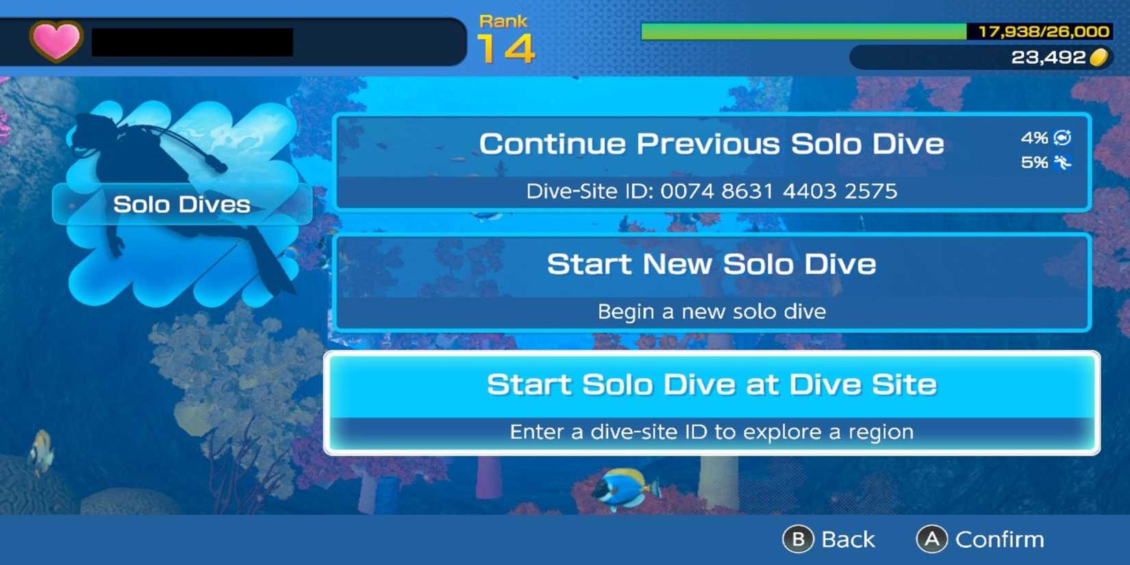 Starting a Solo Dive using a Dive-Site ID in Endless Ocean Luminous