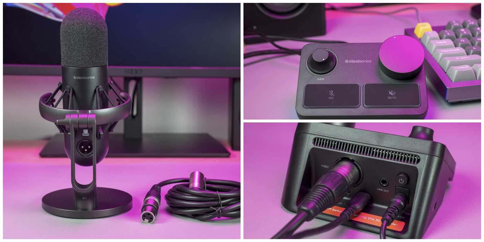 SteelSeries Alias Pro with XLR cable and controller from the front and back powered on