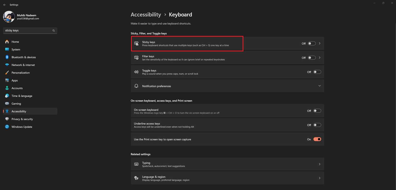 Sticky Keys Option in Settings