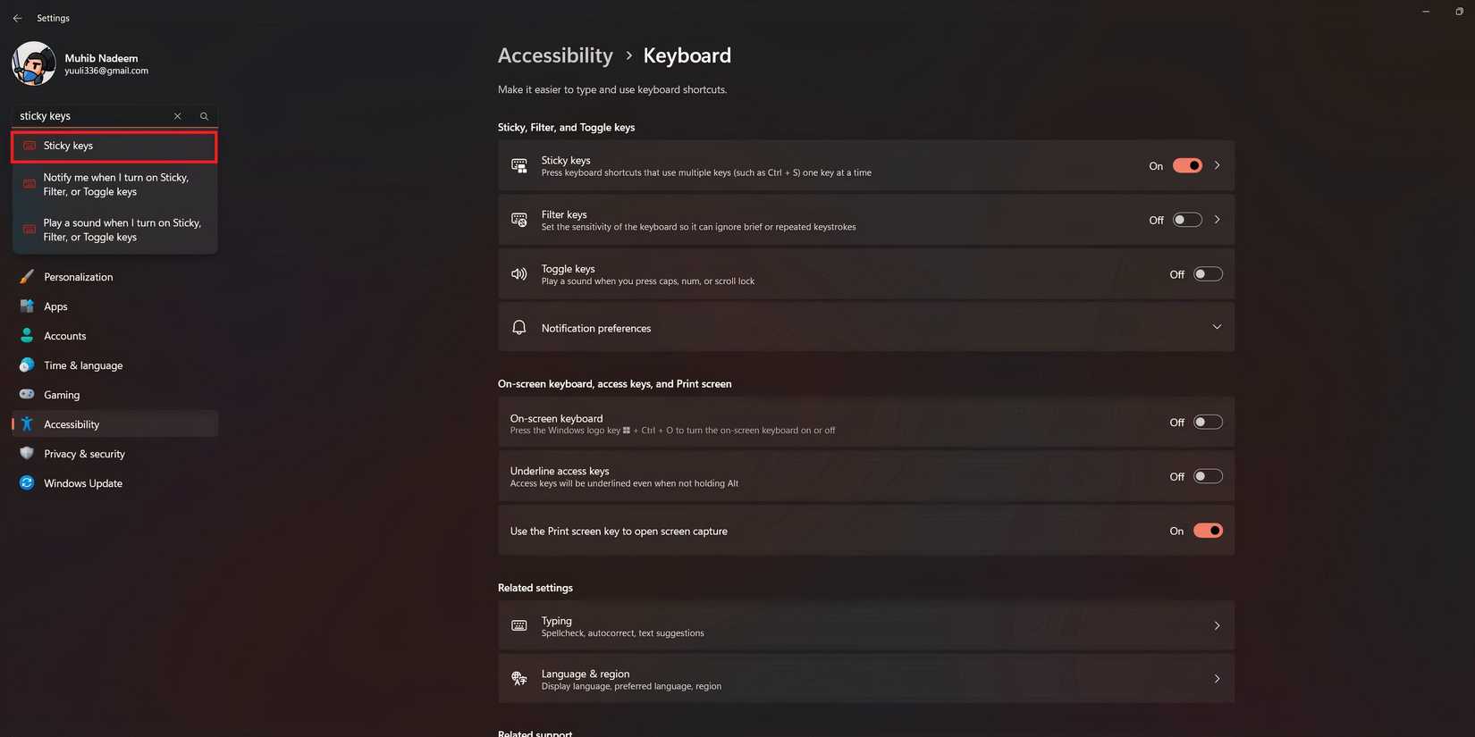 Sticky Keys Search in Settings