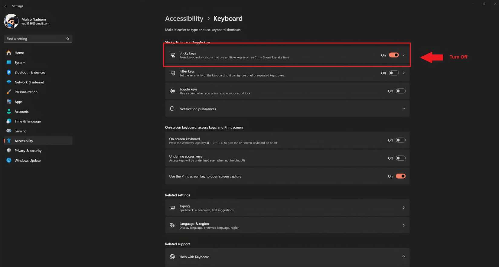 Sticky Keys Turn Off in Settings