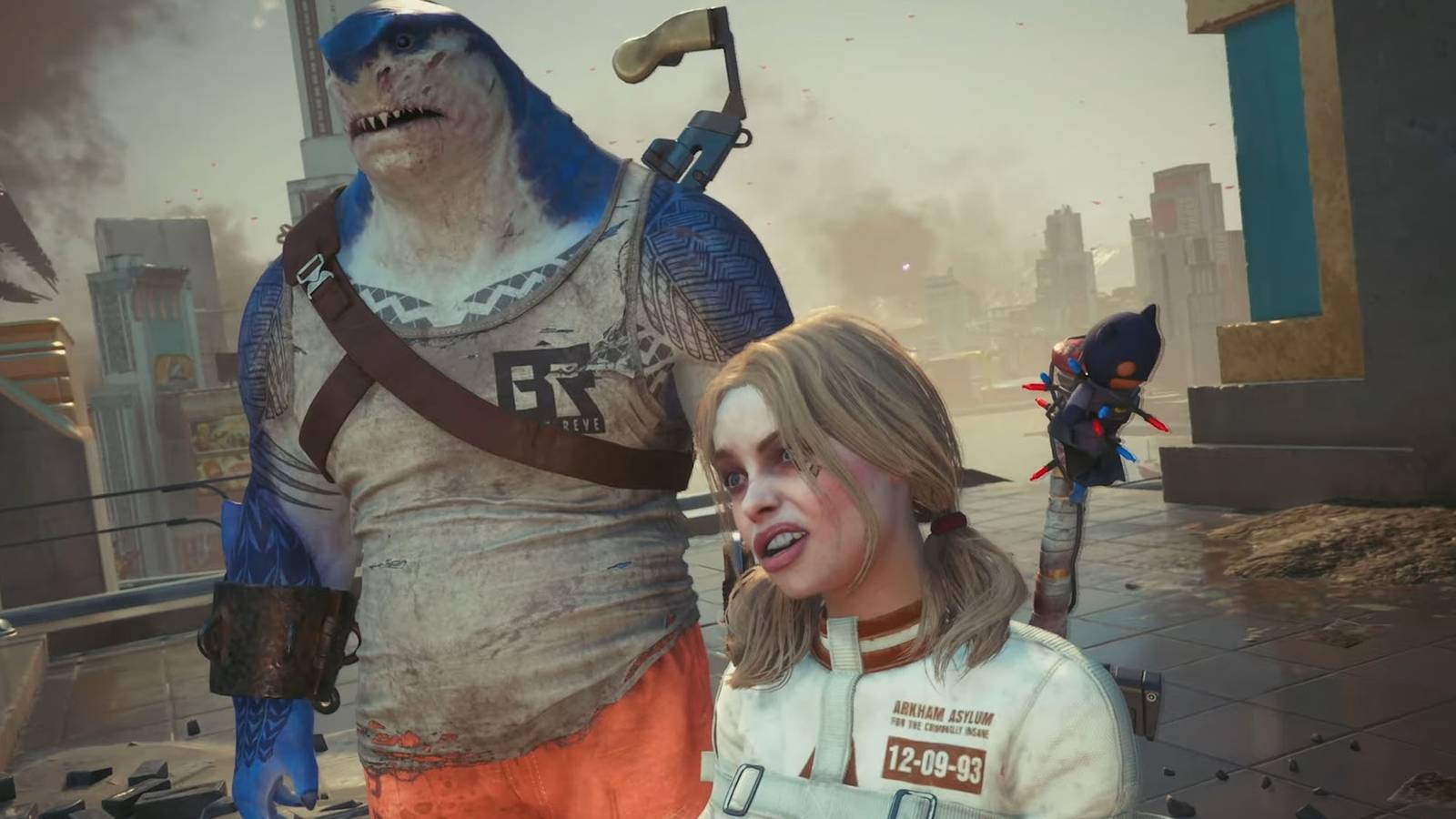 A screenshot of Harley Quinn and King Shark looking upset in Suicide Squad: Kill the Justice League.