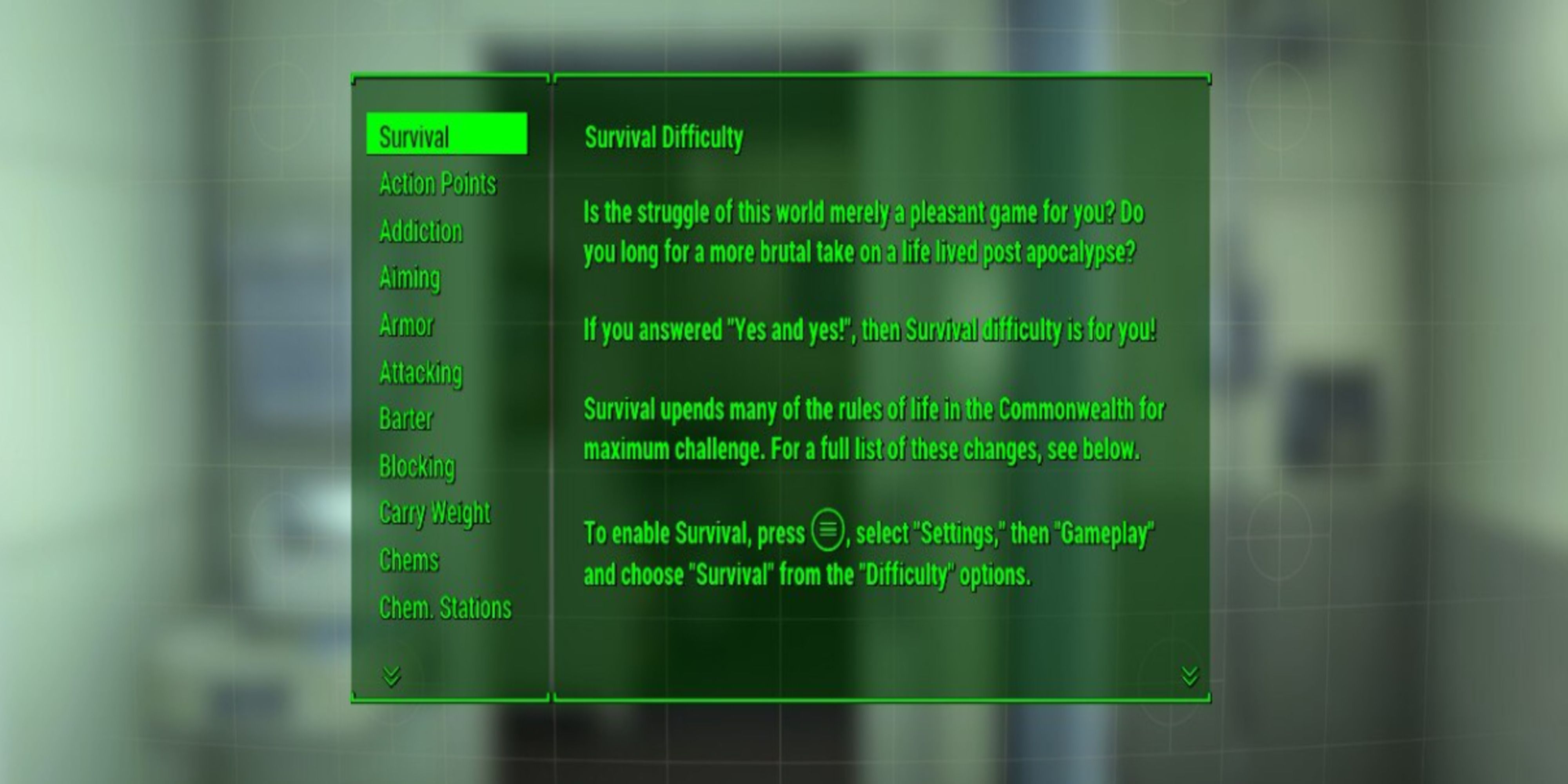 Reading the Survival difficulty setting in the help section of Fallout 4