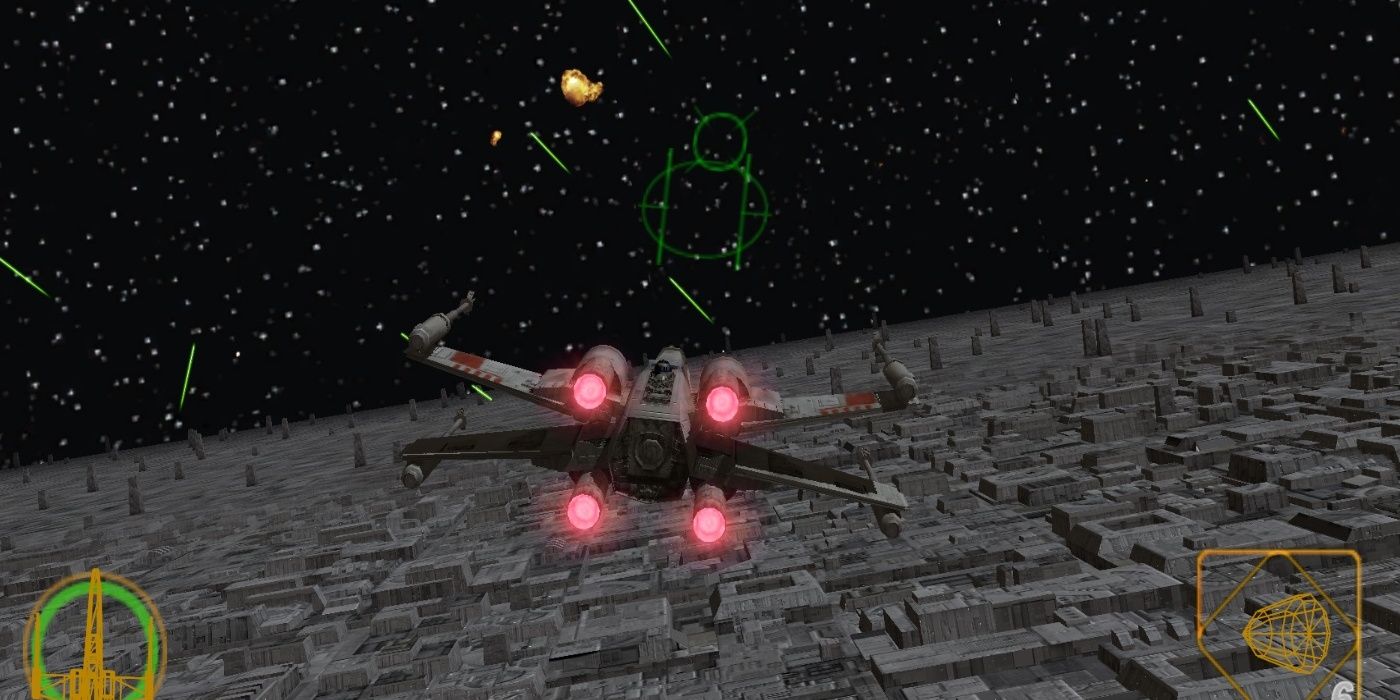 x-wing flying over the death star