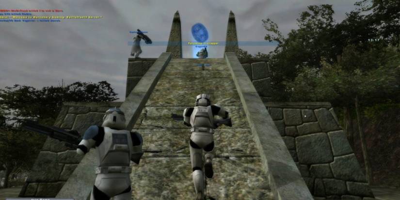 a squad of stormtroopers rushing up temple steps