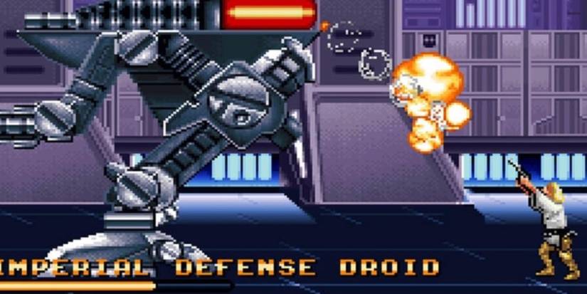 luke skywalker in a boss fight with an imperial defense droid 
