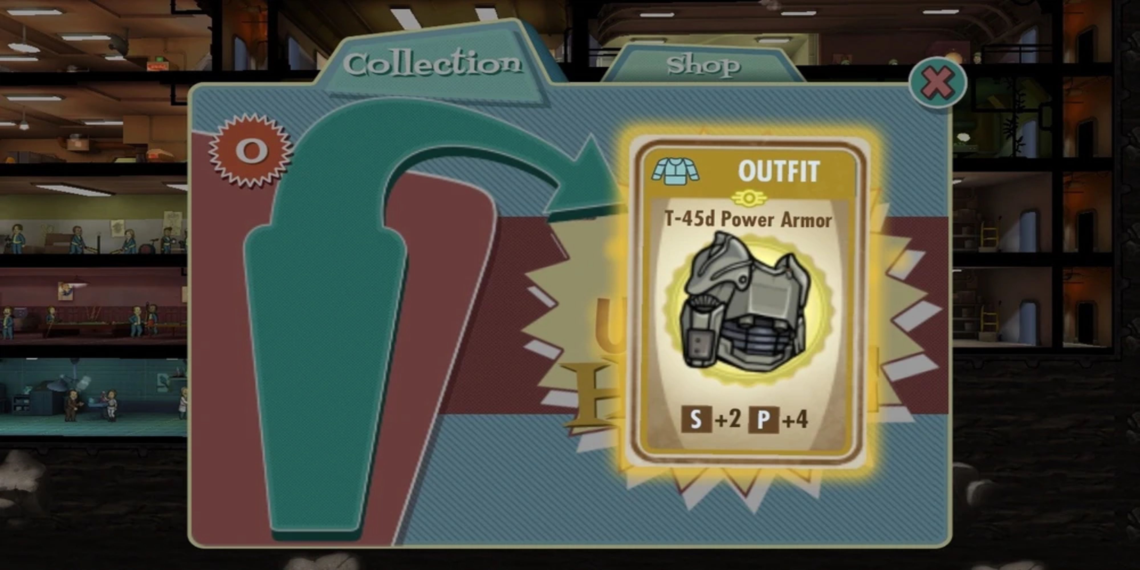 Unlocking the T-45d Power Armor outfit from a Lunchbox in Fallout Shelter.
