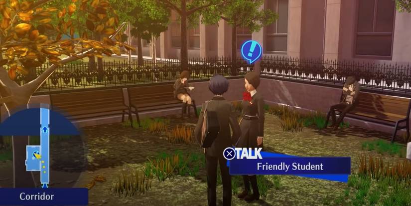 The Persona 3 Reload character is speaking to a friendly student to get the Oden Juice.