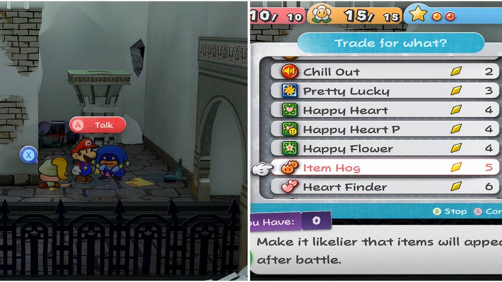 Talking to dazzle and Item Hog badge in Paper Mario The Thousand-Year Door