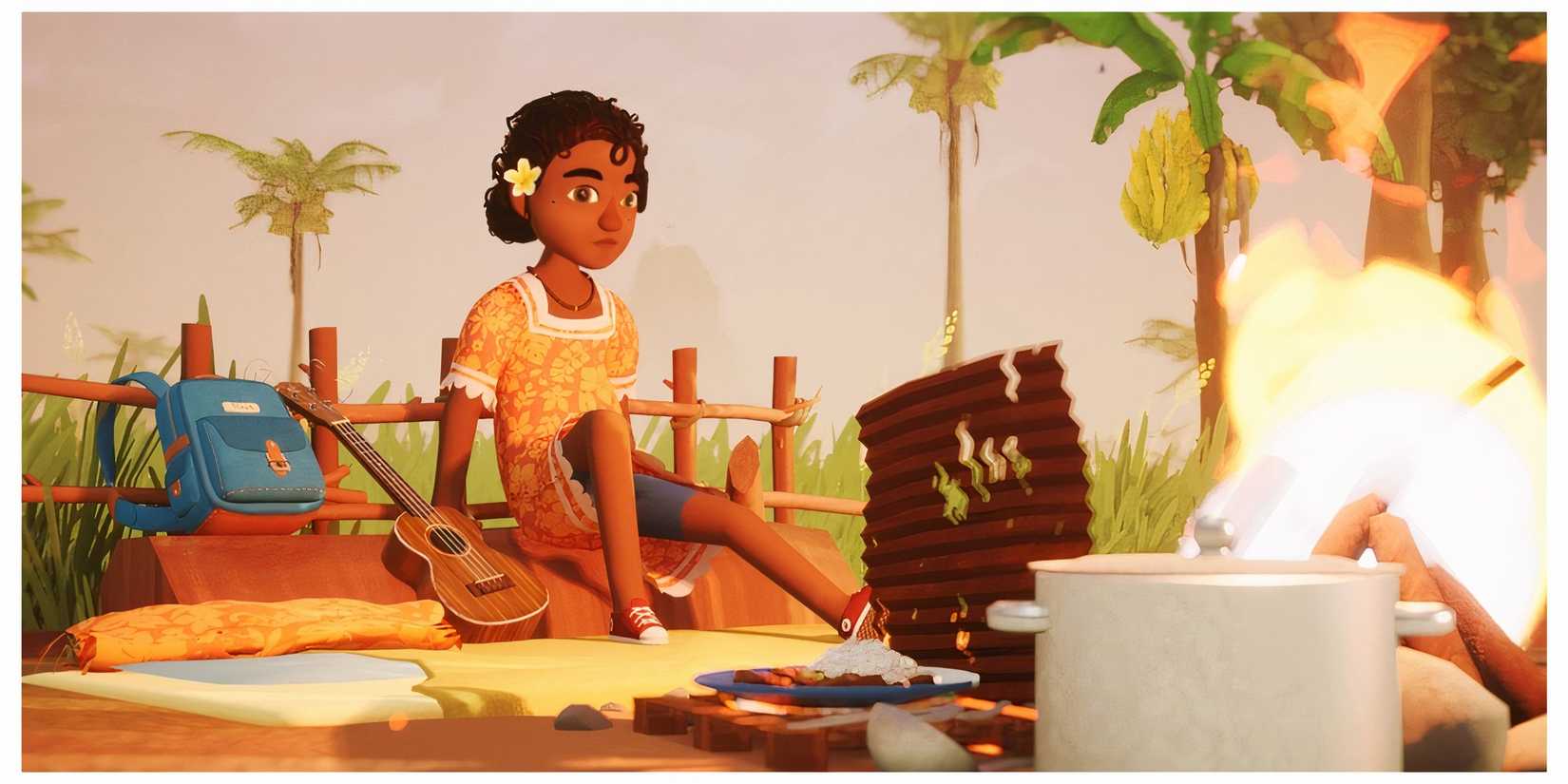 Tchia enjoying a campfire dinner with her ukulele in Tchia